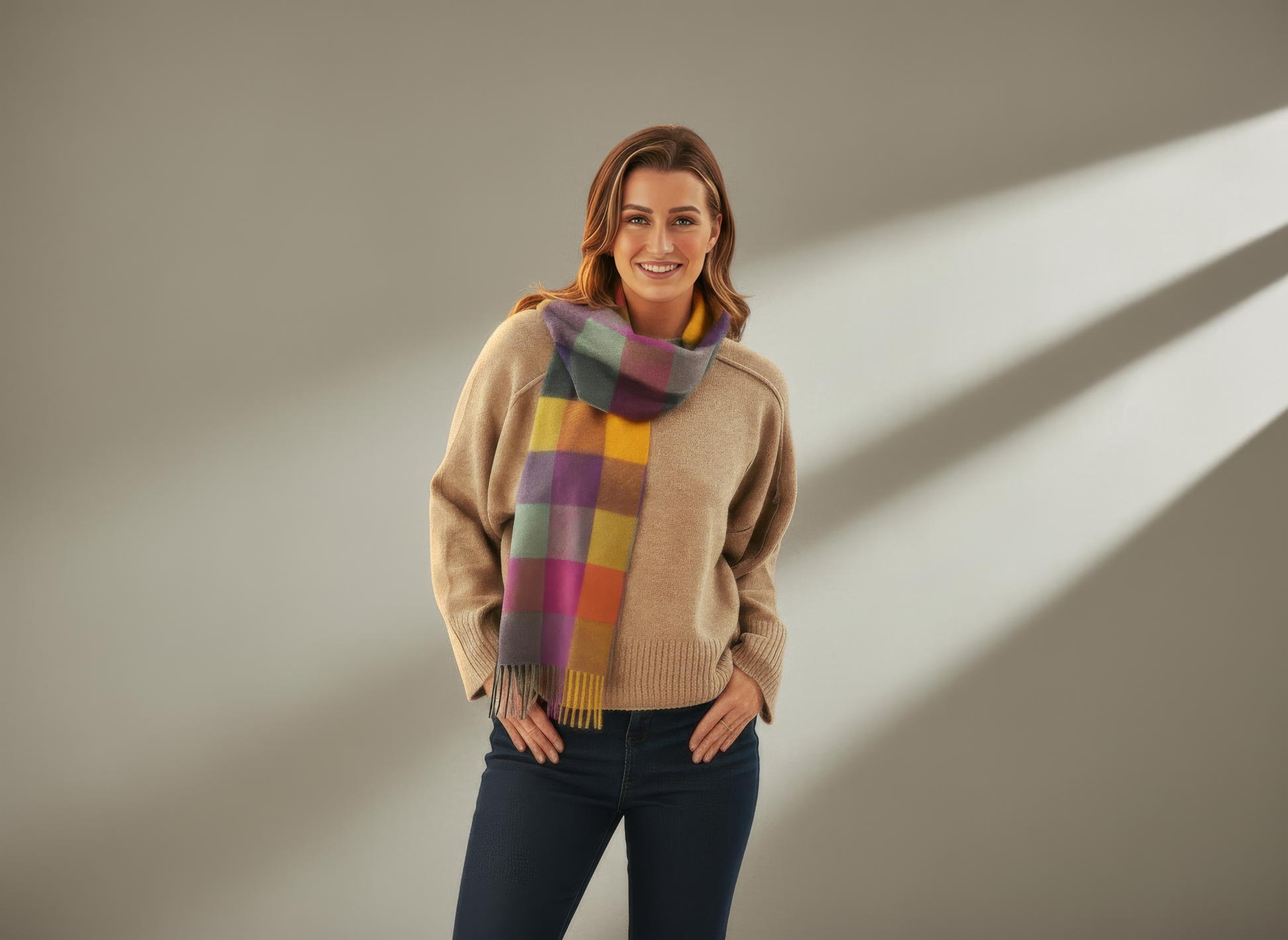 Colourful Block Check Pattern Cashmere Scarf by The Yorkshire Scarf Company