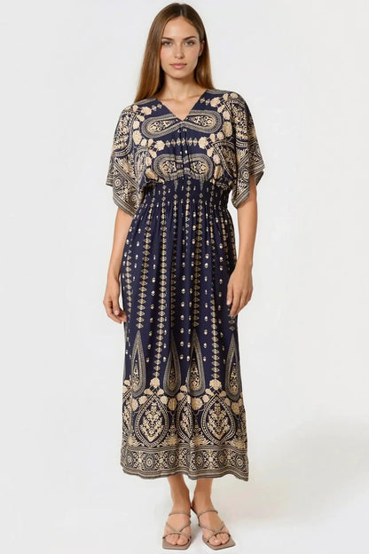 Navy Shirred Kimono Maxi Dress by Aftershock London