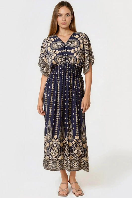 Navy Shirred Kimono Maxi Dress by Aftershock London