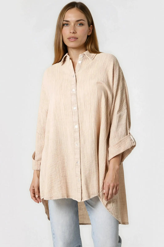 Beige Oversized Cotton Shirt by Aftershock London