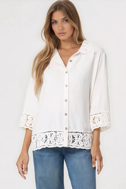 White Crochet Linen Blend Shirt by Aftershock London