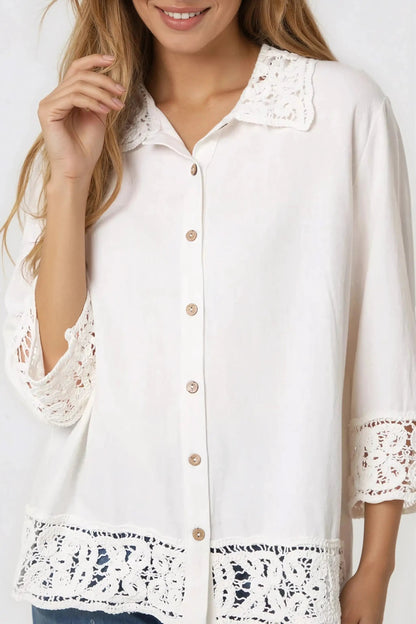 White Crochet Linen Blend Shirt by Aftershock London