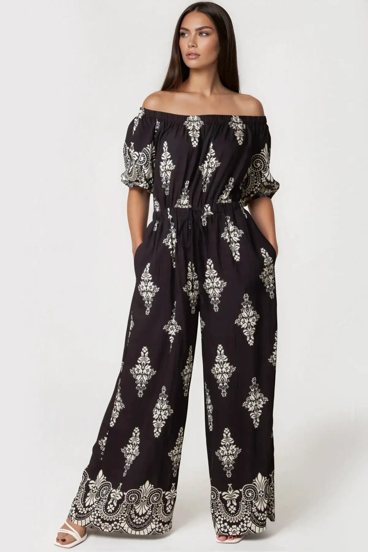 Black Bardot Wide Leg Jumpsuit by Aftershock London