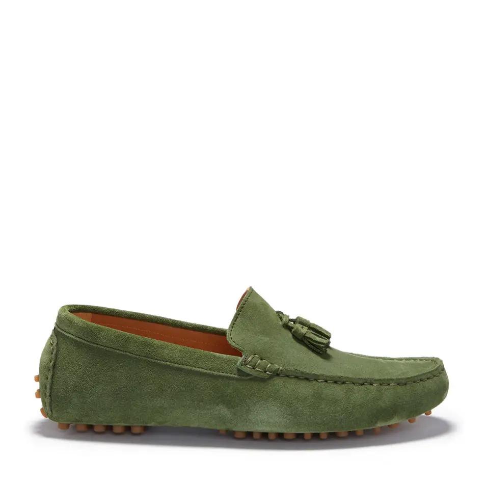 Tasselled Driving Loafers, safari green suede by Hugs & Co.