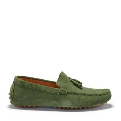 Tasselled Driving Loafers, safari green suede by Hugs & Co.