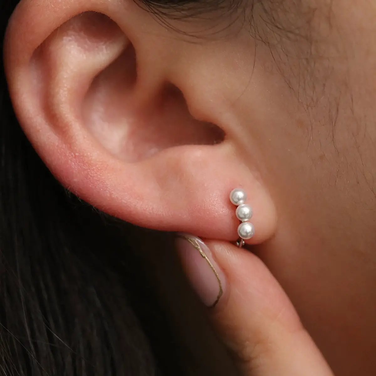 Triple Pearls Huggie Earring by Nabi London