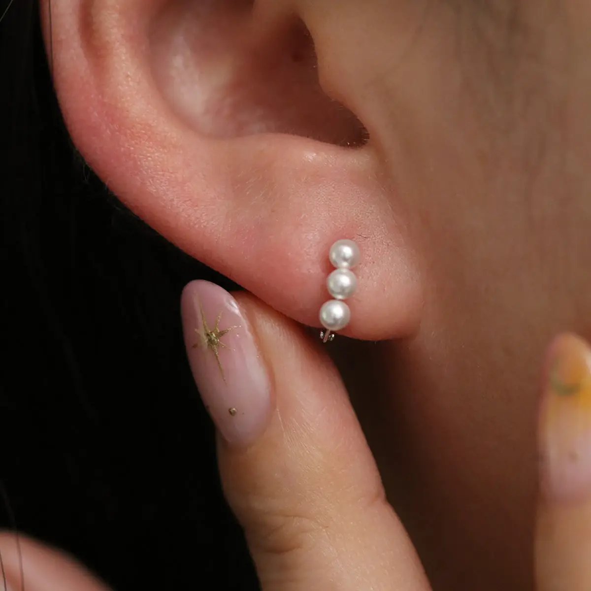 Triple Pearls Huggie Earring by Nabi London