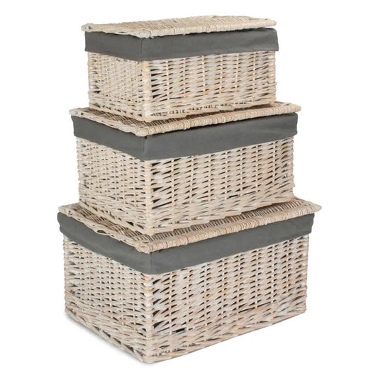 Whitewash Steamed Grey Cotton Lined Wicker Storage Basket by Red Hamper