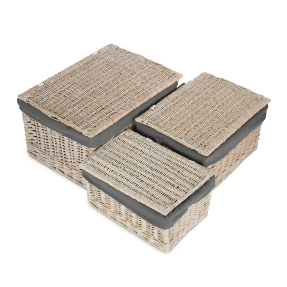 Whitewash Steamed Grey Cotton Lined Wicker Storage Basket by Red Hamper