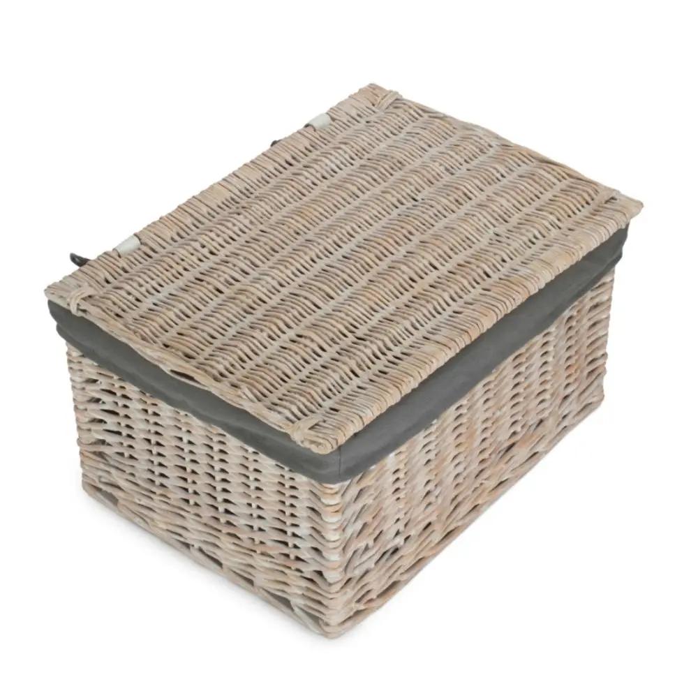 Whitewash Steamed Grey Cotton Lined Wicker Storage Basket by Red Hamper