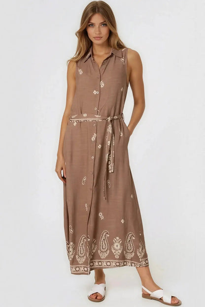 Brown Embroidered Buttoned Front Maxi Dress by Aftershock London