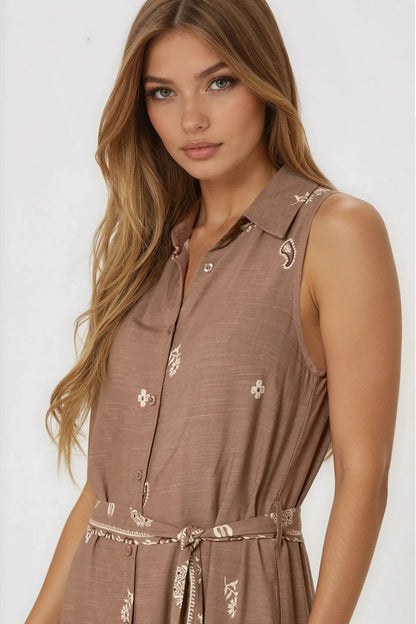 Brown Embroidered Buttoned Front Maxi Dress by Aftershock London