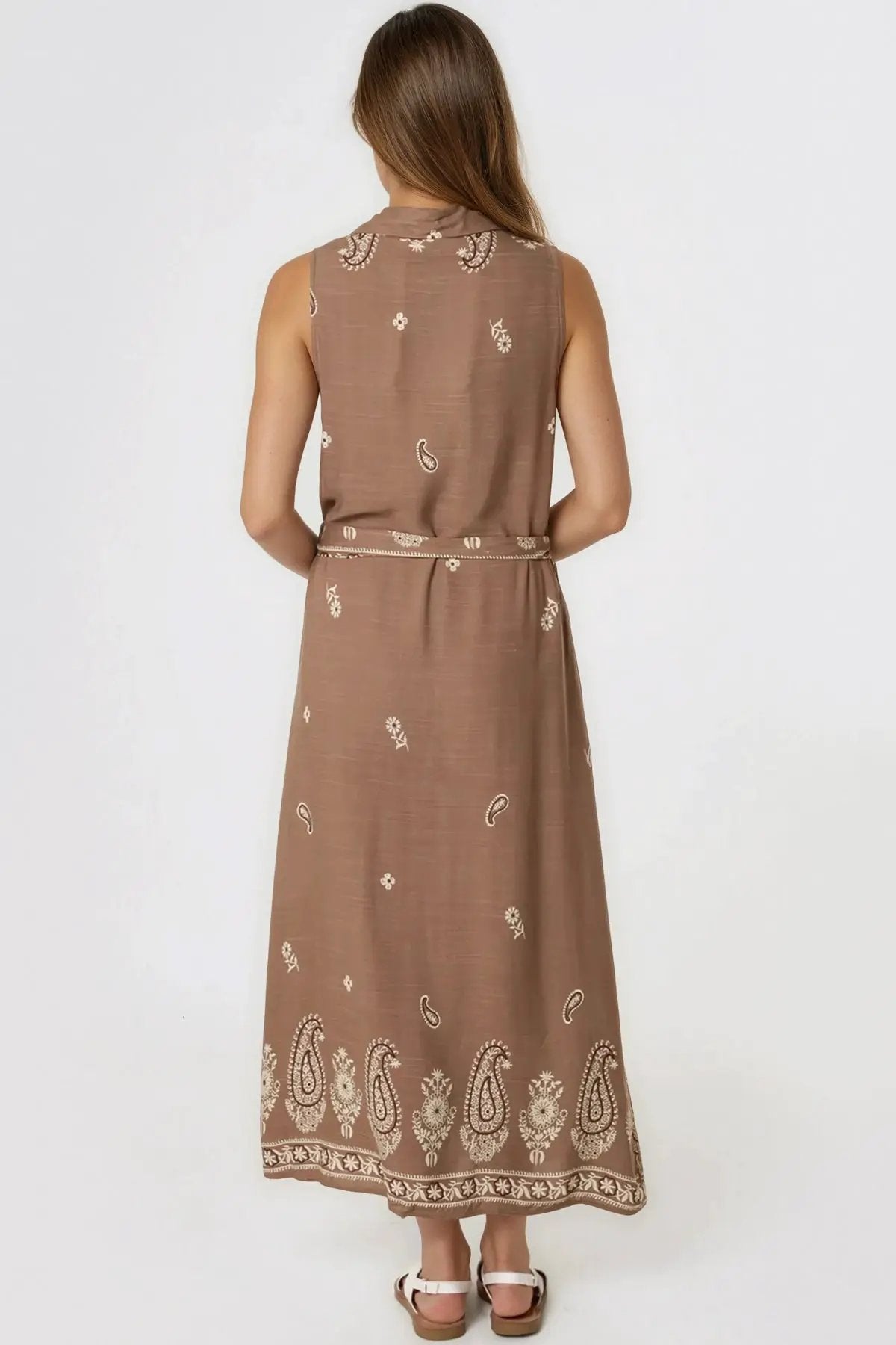 Brown Embroidered Buttoned Front Maxi Dress by Aftershock London