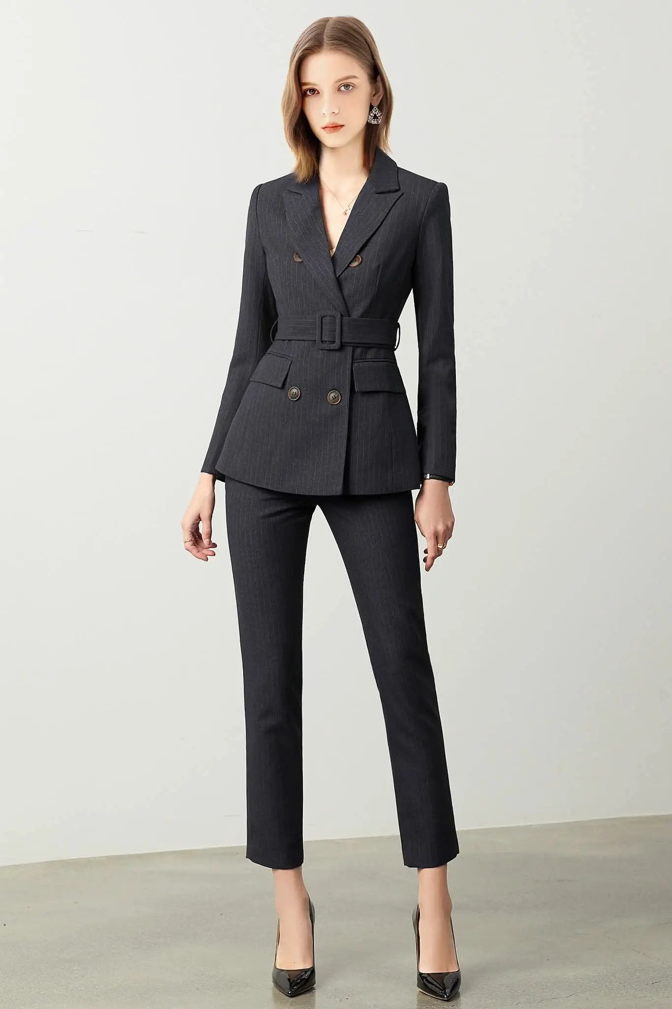 The Noir Élan Belted Stripped Suit by EDKAY COLLECTION UK