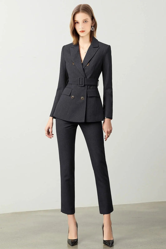 The Noir Élan Belted Stripped Suit by EDKAY COLLECTION UK