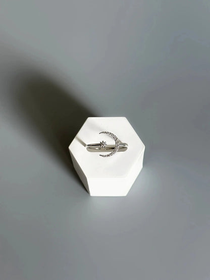 925 Sterling Silver Moon & Star Adjustable Ring – Sparkle Like the Night Sky by LAURRÈ Jewellery