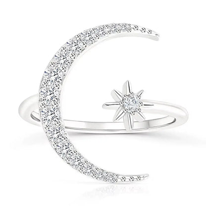 925 Sterling Silver Moon & Star Adjustable Ring – Sparkle Like the Night Sky by LAURRÈ Jewellery