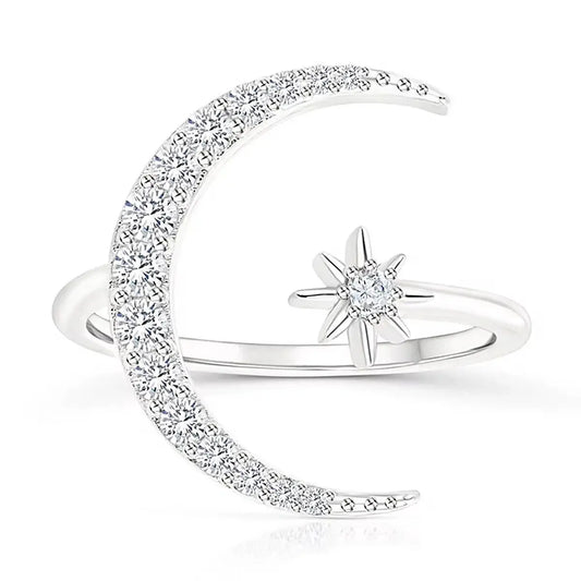 925 Sterling Silver Moon & Star Adjustable Ring – Sparkle Like the Night Sky by LAURRÈ Jewellery