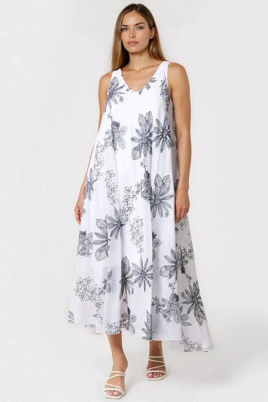 White and Navy Floral Embroidered Cotton Maxi Dress by Aftershock London