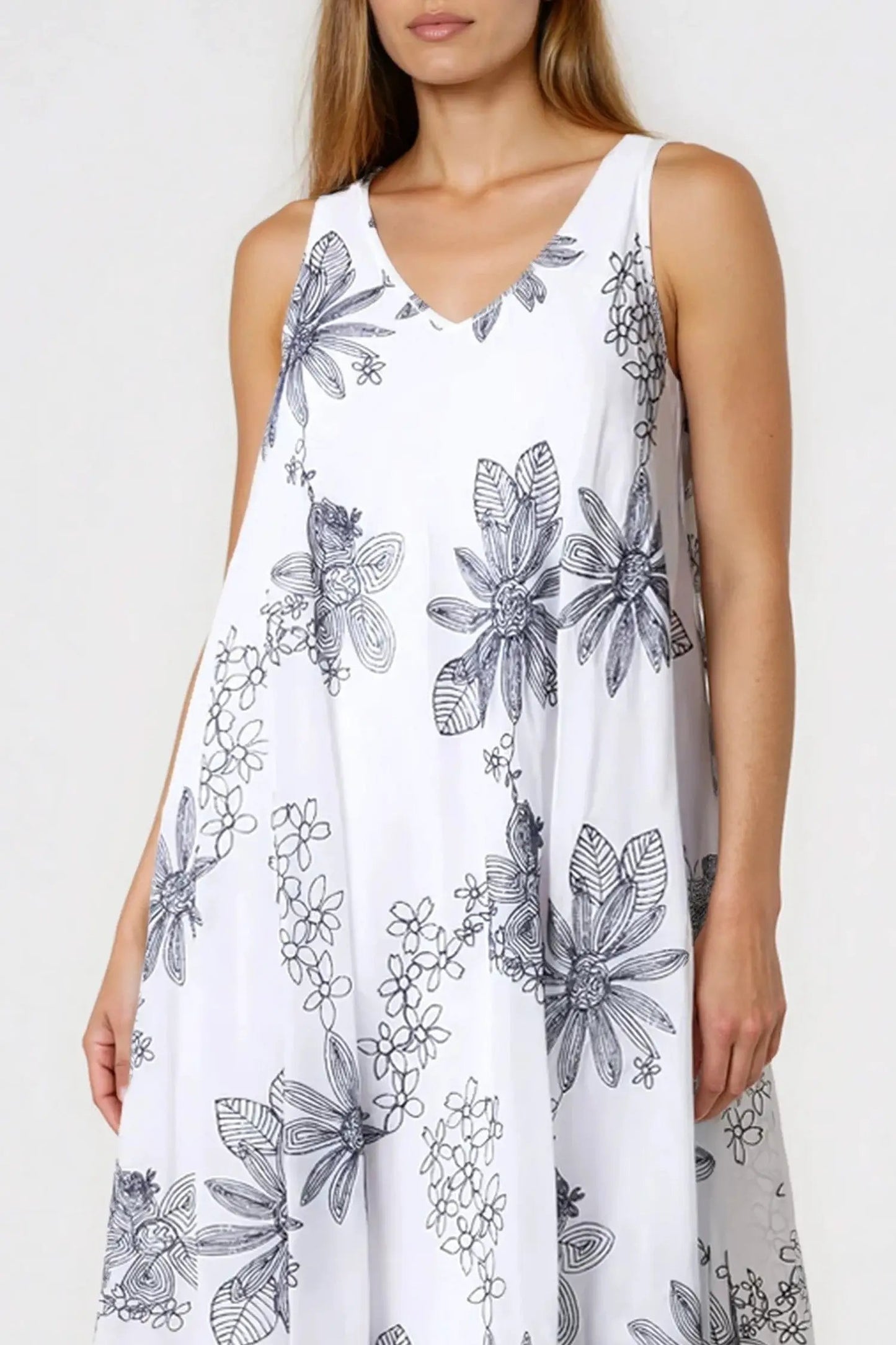 White and Navy Floral Embroidered Cotton Maxi Dress by Aftershock London