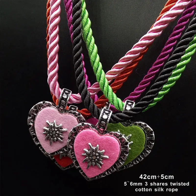 Bavarian Drawstring Cord Necklace Heart Edelweiss Pendant Ladies Costume Oktoberfest Jewelry Taditional German Pendant Necklace by All Mart Bristol Ltd