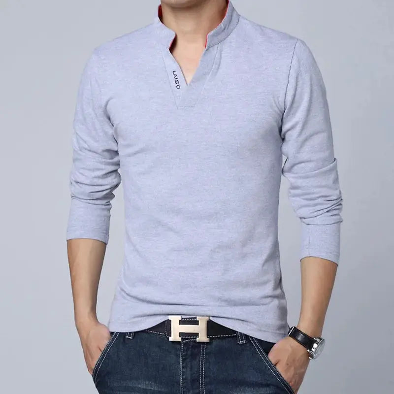 2025 T-Shirt Men Spring Cotton T Shirt Men Solid Color Tshirt Mandarin Collar Long Sleeve Top Men Brand Slim Fit Tee Shirts 5XL by All Mart Bristol Ltd