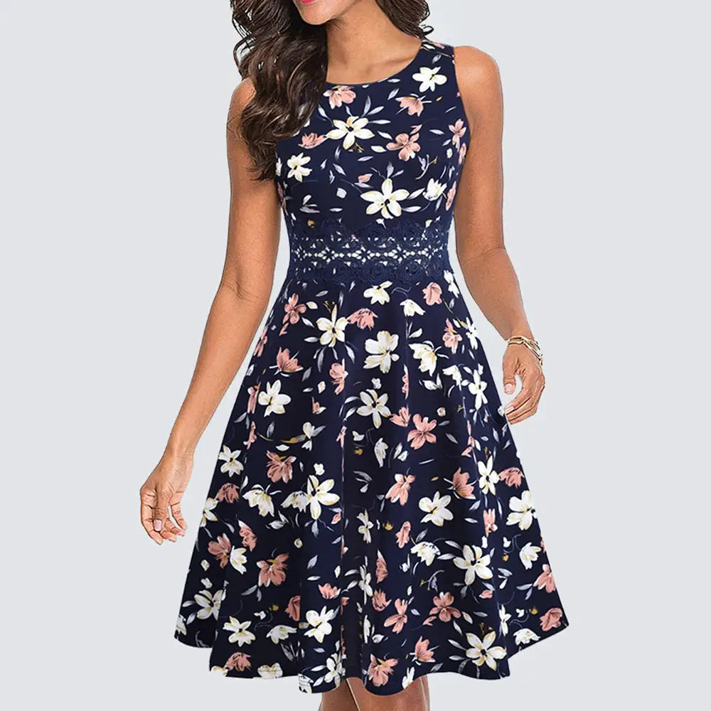 Women Vintage Casual Round Neck A line Summer Elegant Floral Lace Patchwork Sleeveless Tunic Party Swing Dress HA079 by All Mart Bristol Ltd
