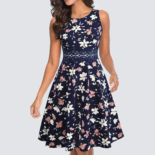 Women Vintage Casual Round Neck A line Summer Elegant Floral Lace Patchwork Sleeveless Tunic Party Swing Dress HA079 by All Mart Bristol Ltd