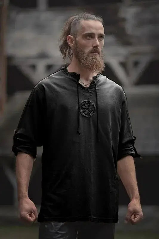 Men Plus Size Shirt Top Ancient Viking Embroidery Lace Up V Neck Long Sleeve Shirt Top For Men's Clothing by All Mart Bristol Ltd