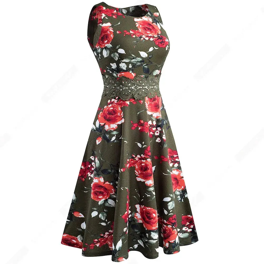 Women Vintage Casual Round Neck A line Summer Elegant Floral Lace Patchwork Sleeveless Tunic Party Swing Dress HA079 by All Mart Bristol Ltd