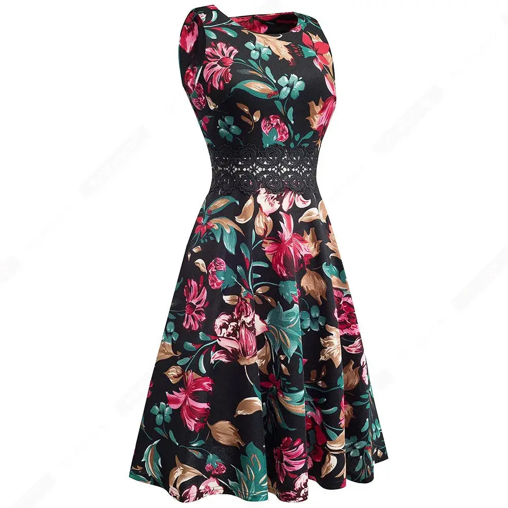 Women Vintage Casual Round Neck A line Summer Elegant Floral Lace Patchwork Sleeveless Tunic Party Swing Dress HA079 by All Mart Bristol Ltd