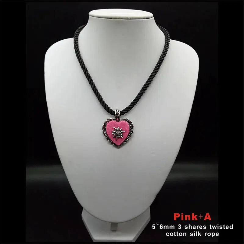 Bavarian Drawstring Cord Necklace Heart Edelweiss Pendant Ladies Costume Oktoberfest Jewelry Taditional German Pendant Necklace by All Mart Bristol Ltd