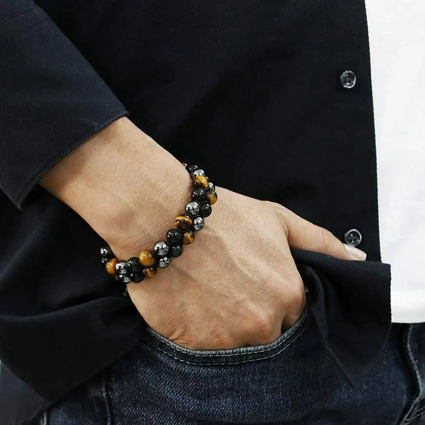 Fashion Men Bracelets Hematite Tiger Eye Double Layer Row Bracelets Pulsera Hombre Magnetic Health Protection Healing Bracelets by All Mart Bristol Ltd