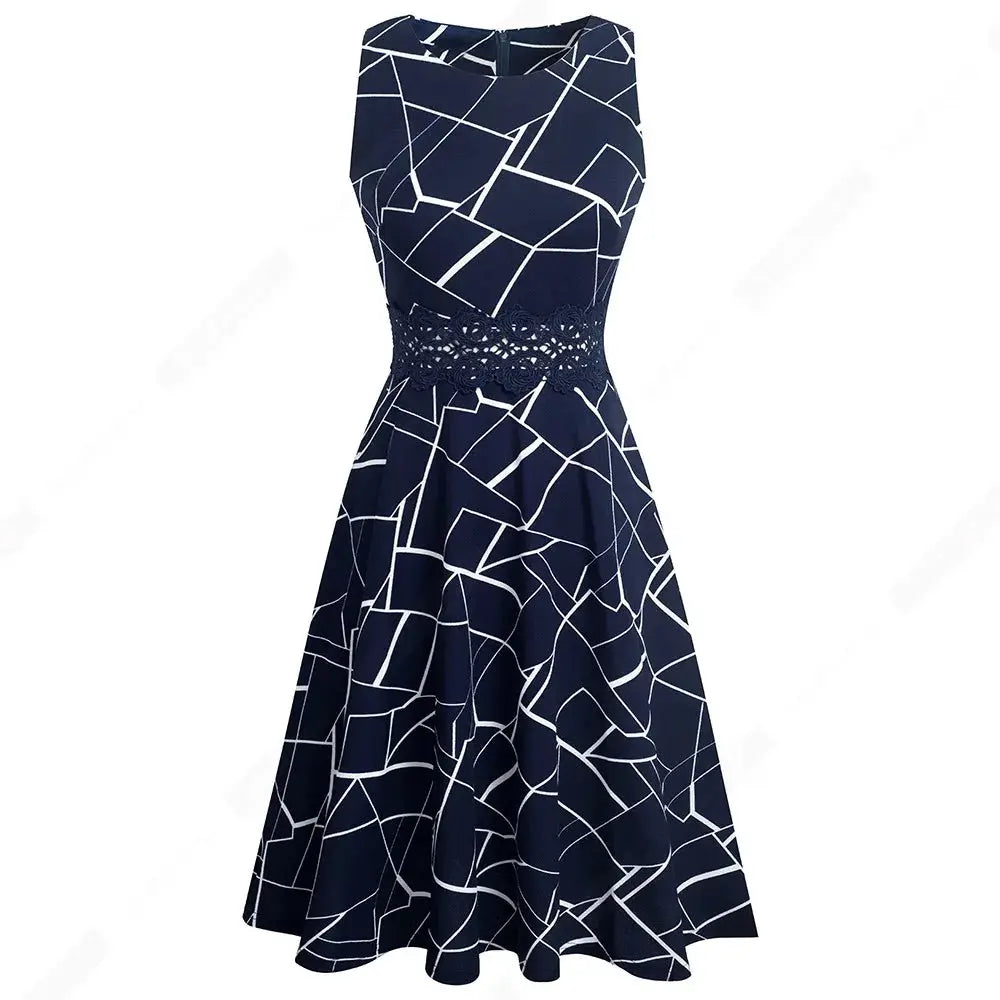 Women Vintage Casual Round Neck A line Summer Elegant Floral Lace Patchwork Sleeveless Tunic Party Swing Dress HA079 by All Mart Bristol Ltd