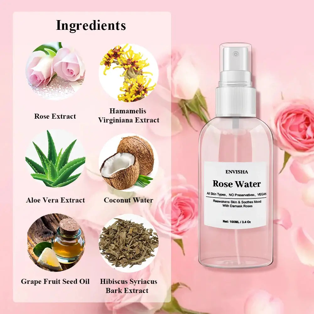 ENVISHA Rose Water For Face Facial Toner Organic Rose Petals Essence Moisturizing Serum Refresh Elastic Shrink Pores Skin Care by All Mart Bristol Ltd
