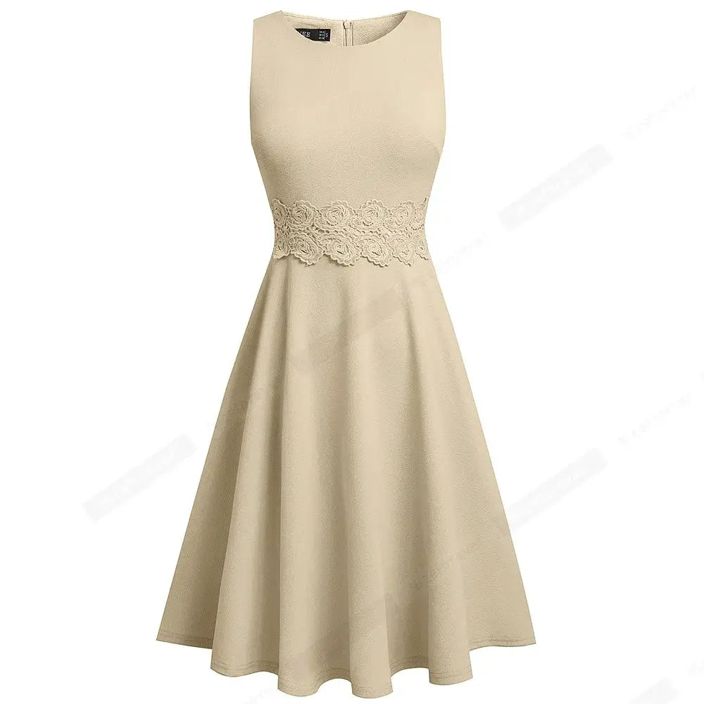 Women Vintage Casual Round Neck A line Summer Elegant Floral Lace Patchwork Sleeveless Tunic Party Swing Dress HA079 by All Mart Bristol Ltd