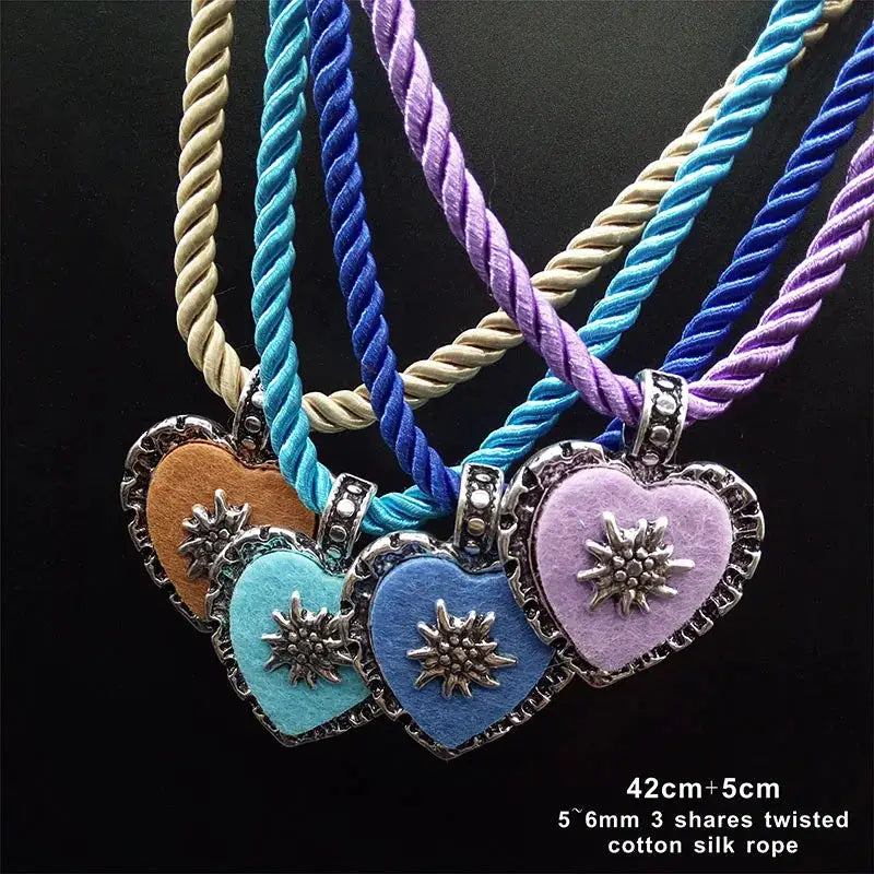 Bavarian Drawstring Cord Necklace Heart Edelweiss Pendant Ladies Costume Oktoberfest Jewelry Taditional German Pendant Necklace by All Mart Bristol Ltd