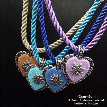 Bavarian Drawstring Cord Necklace Heart Edelweiss Pendant Ladies Costume Oktoberfest Jewelry Taditional German Pendant Necklace by All Mart Bristol Ltd