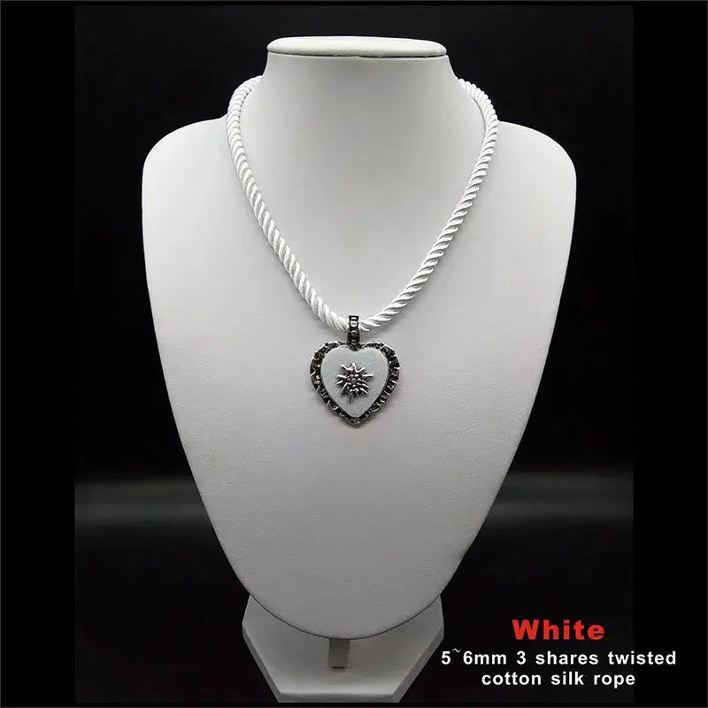 Bavarian Drawstring Cord Necklace Heart Edelweiss Pendant Ladies Costume Oktoberfest Jewelry Taditional German Pendant Necklace by All Mart Bristol Ltd