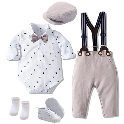 Baby Boy Birthday Gentleman Romper Clothes Set with Hat Cotton Spring Fall Toddler Kid Printed Bodysuit Dress Infant Outfit Suit by All Mart Bristol Ltd