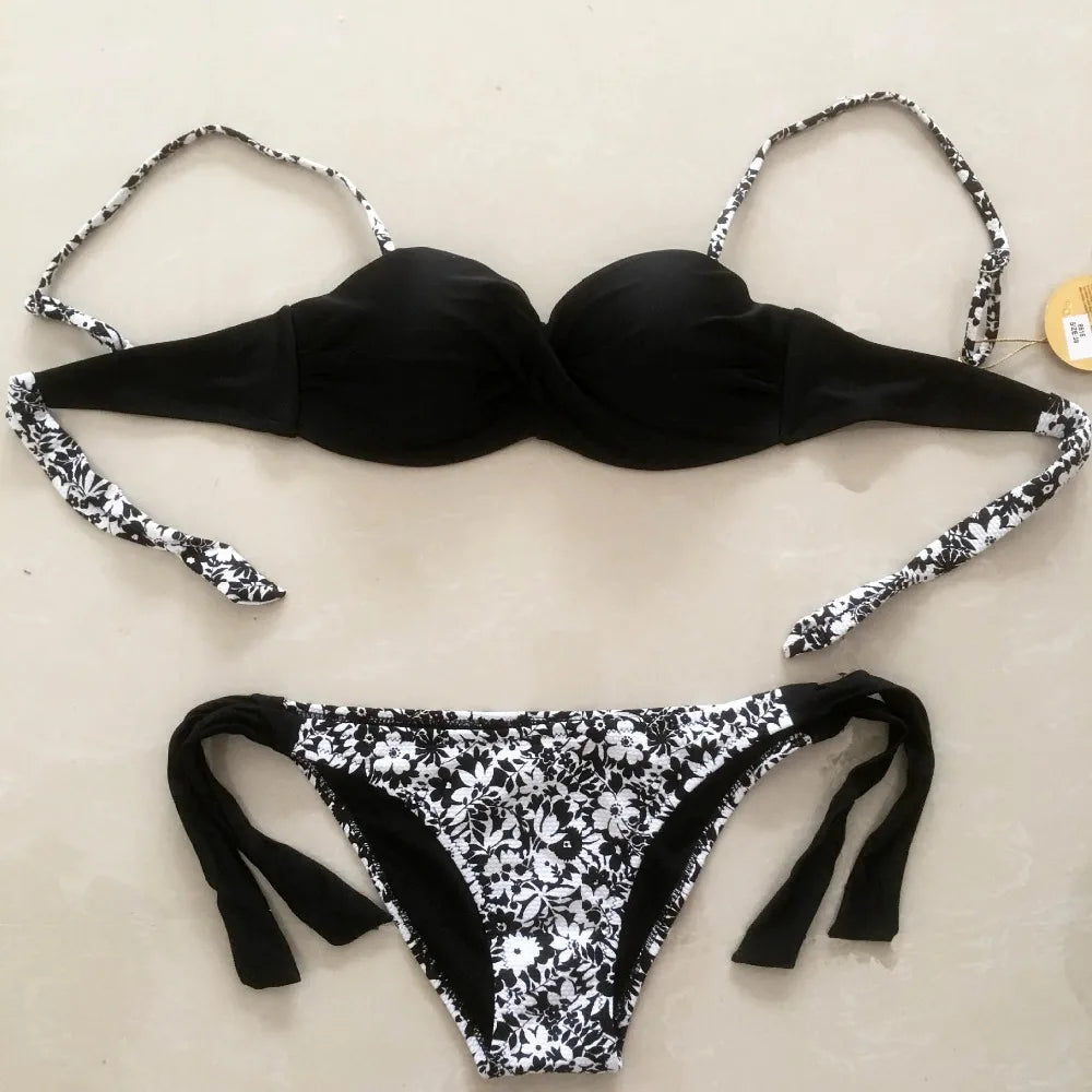 Bikini Solid Strappy Bandage Bikinis Set White Push Up Bikini Swimwear Bandeau Brazilian Swimsuit Bathing Suit Maillot De Bain by All Mart Bristol Ltd