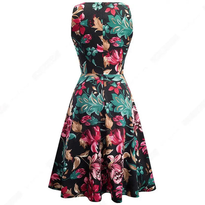 Women Vintage Casual Round Neck A line Summer Elegant Floral Lace Patchwork Sleeveless Tunic Party Swing Dress HA079