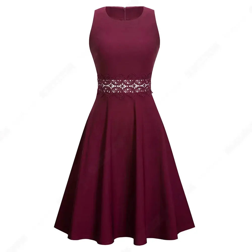 Women Vintage Casual Round Neck A line Summer Elegant Floral Lace Patchwork Sleeveless Tunic Party Swing Dress HA079 by All Mart Bristol Ltd