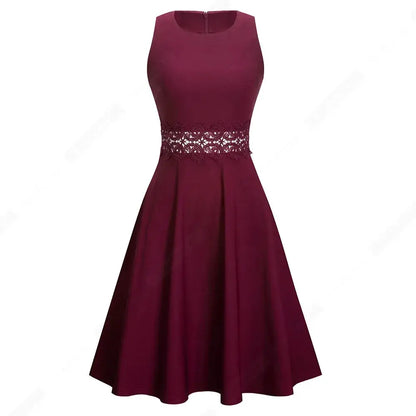 Women Vintage Casual Round Neck A line Summer Elegant Floral Lace Patchwork Sleeveless Tunic Party Swing Dress HA079 by All Mart Bristol Ltd