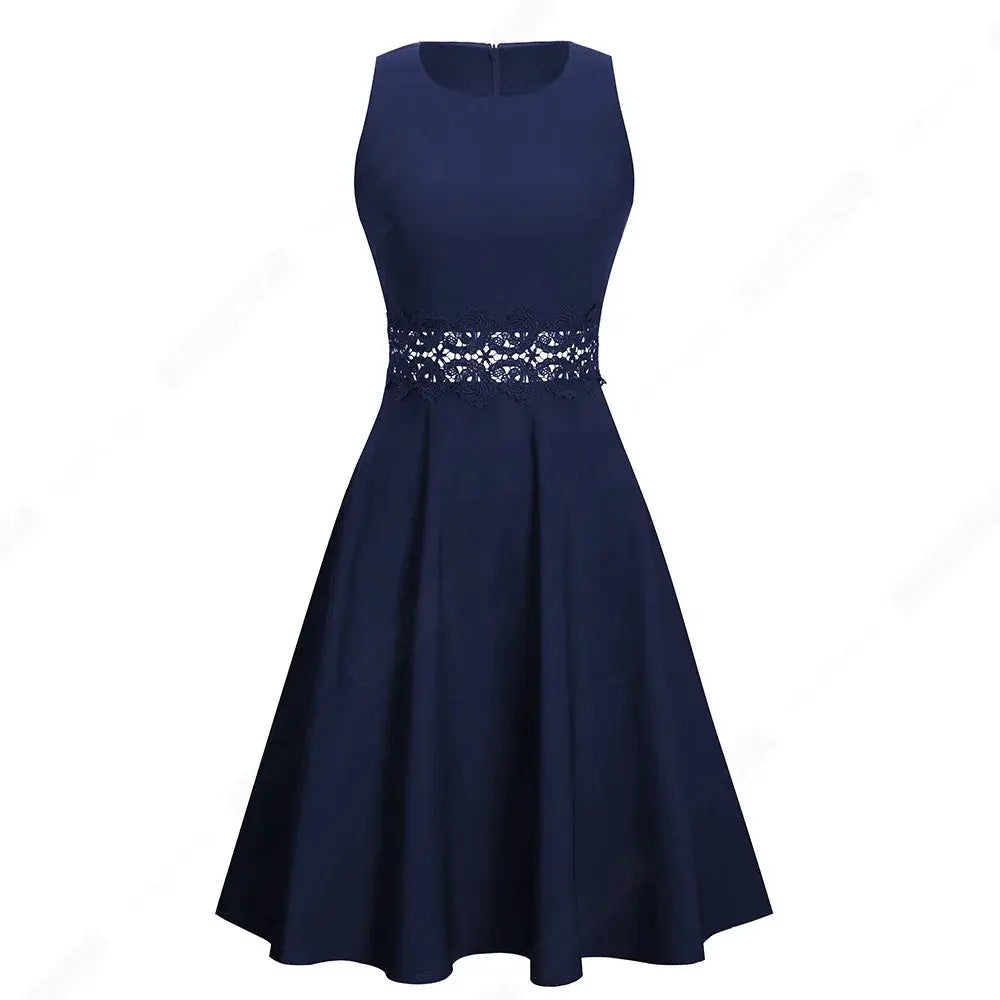 Women Vintage Casual Round Neck A line Summer Elegant Floral Lace Patchwork Sleeveless Tunic Party Swing Dress HA079 by All Mart Bristol Ltd