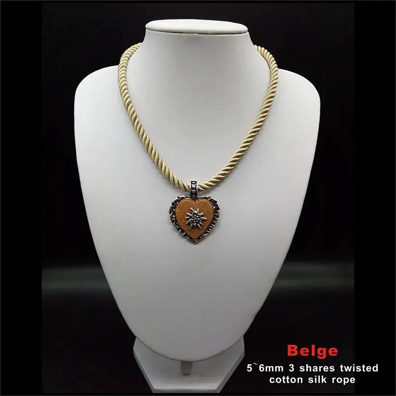 Bavarian Drawstring Cord Necklace Heart Edelweiss Pendant Ladies Costume Oktoberfest Jewelry Taditional German Pendant Necklace by All Mart Bristol Ltd