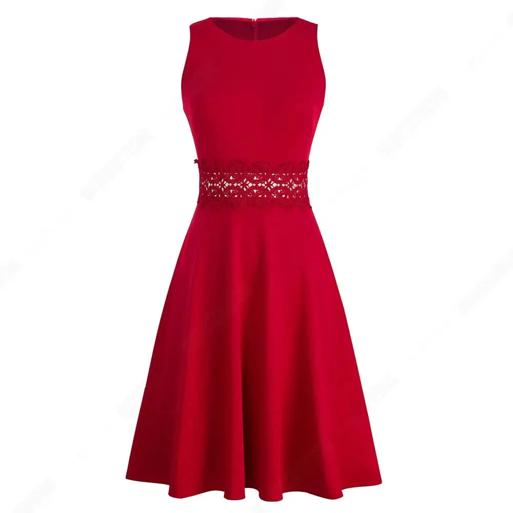 Women Vintage Casual Round Neck A line Summer Elegant Floral Lace Patchwork Sleeveless Tunic Party Swing Dress HA079 by All Mart Bristol Ltd