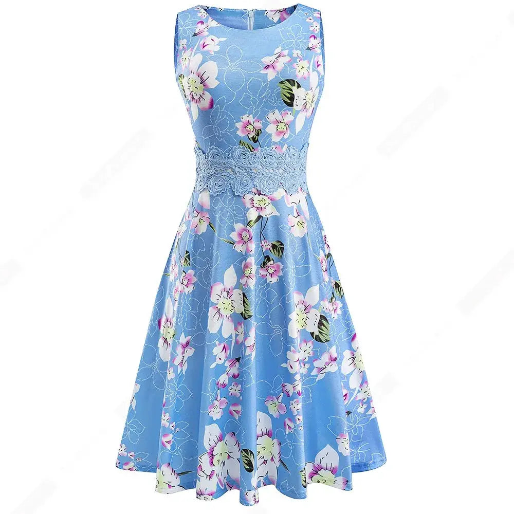 Women Vintage Casual Round Neck A line Summer Elegant Floral Lace Patchwork Sleeveless Tunic Party Swing Dress HA079
