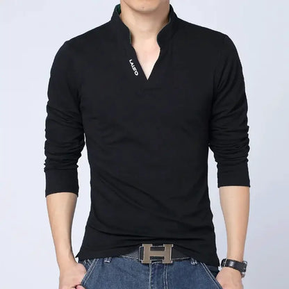 2025 T-Shirt Men Spring Cotton T Shirt Men Solid Color Tshirt Mandarin Collar Long Sleeve Top Men Brand Slim Fit Tee Shirts 5XL by All Mart Bristol Ltd