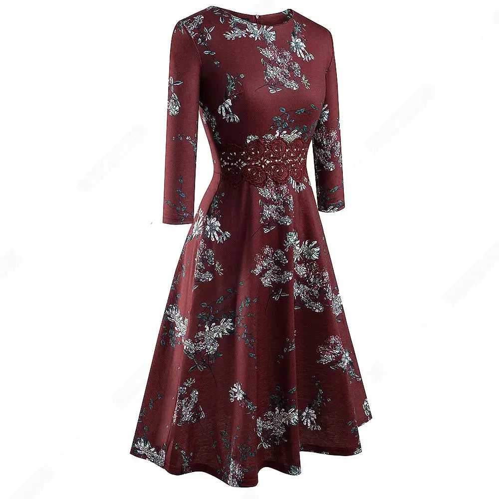 Women Vintage Casual Round Neck A line Summer Elegant Floral Lace Patchwork Sleeveless Tunic Party Swing Dress HA079